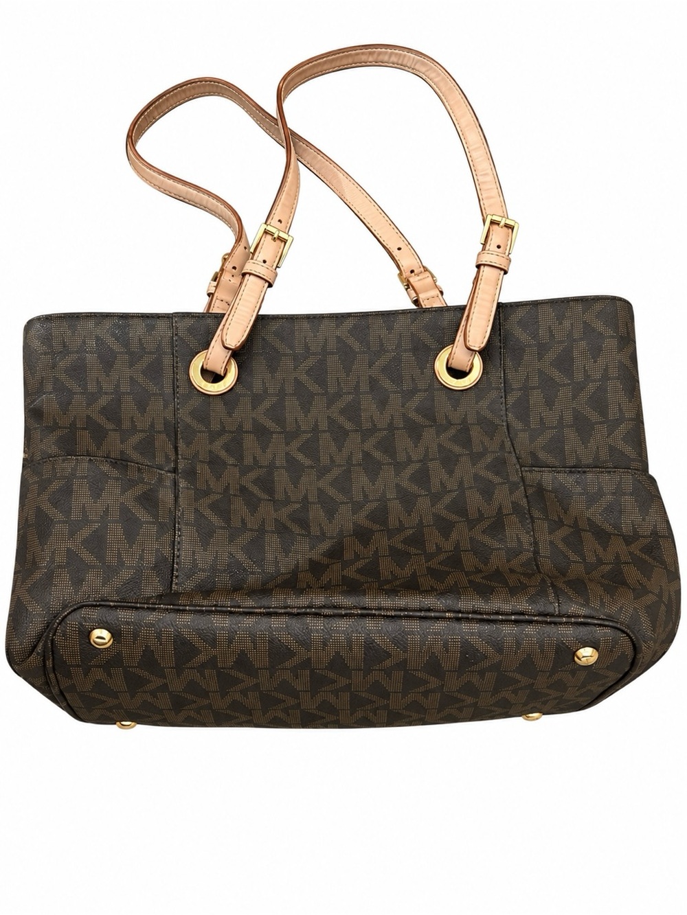 Michael Kors Dark Brown MK Monogram Tote with Tan Straps